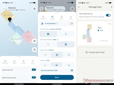 la aplicación eufy muestra la animación de carga, las opciones de limpieza y el gestor de mapas.