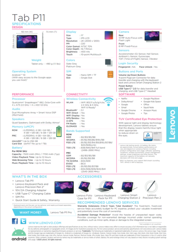 Lenovo Tab P11 - Especificaciones. (Fuente de la imagen: Lenovo)