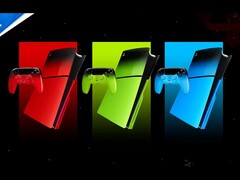 Render artístico de la consola PS5 y el mando Dual Sense en colores rojo, verde y azul.