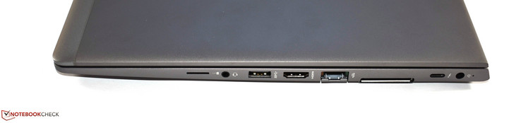 Derecha: Ranura SIM, conector de audio combinado, USB 3.0 Tipo A, HDMI, Ethernet RJ465, puerto de acoplamiento, Thunderbolt 3, fuente de alimentación