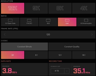 La Ursa puede grabar en múltiples relaciones de aspecto, modos de compresión y velocidades de bits, incluyendo 12K 2.4:1 a 120 fps. (Fuente: Blackmagic)