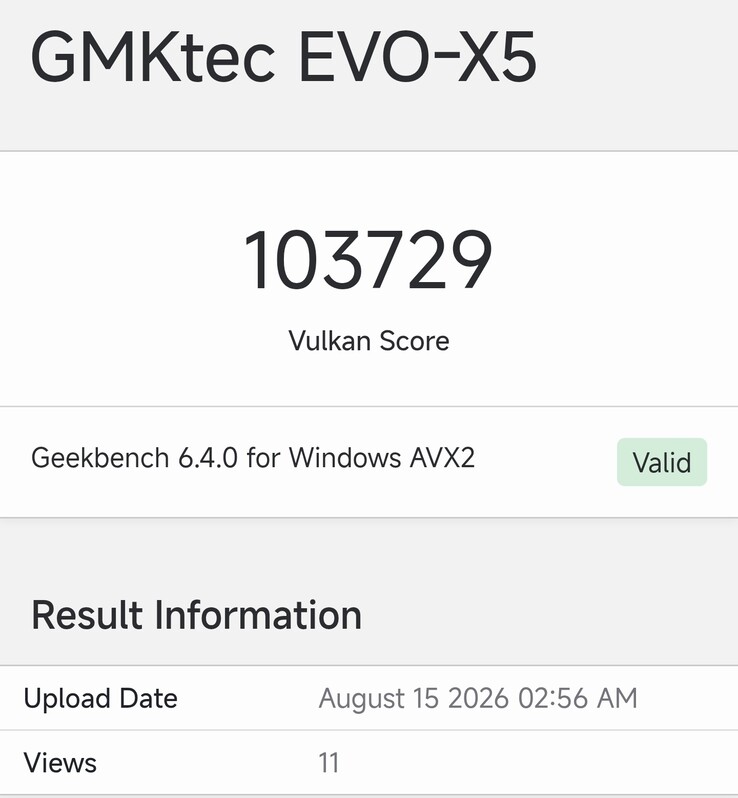 La ficha de Geekbench del GMKtec EVO-X5
