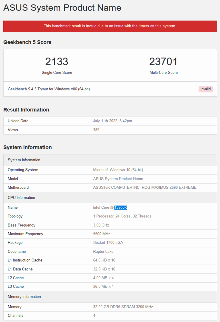 Puntuación de Intel Core i9-13900K en Geekbench (imagen vía Geekbench)