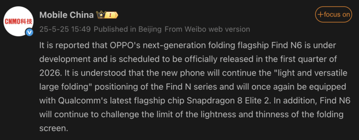 Información filtrada del Oppo Find N6. (Fuente de la imagen: Weibo - traducción automática)