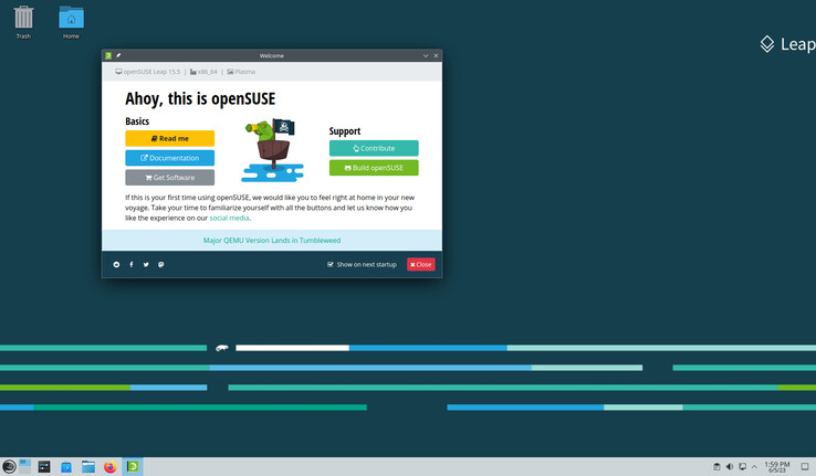Captura de pantalla de una instalación recién configurada de Leap 15.5 con escritorio KDE (Imagen: openSUSE).
