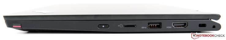 Derecha: ThinkPad Pen Pro, encendido, lector de tarjetas microSD, USB-3.1 Tipo-A, HDMI 1.4b, cerradura Kensington