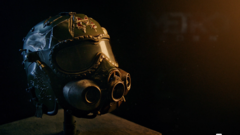 Primer plano de la réplica del casco espartano de la edición de coleccionista de Metro 2039, con un visor oscuro, elementos de máscara de gas integrados y detalles de desgaste por el combate.