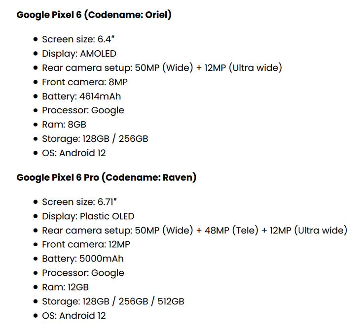 La nueva gama de supuestas especificaciones de la serie Pixel 6. (Fuente: FrontPageTech)