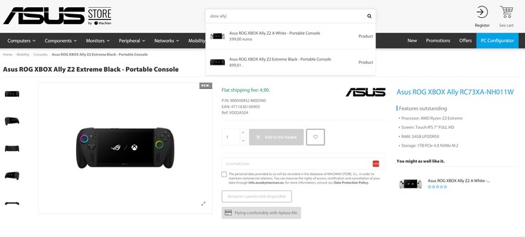 Se filtra el precio de Asus ROG Xbox Ally y ROG Xbox Ally X en la tienda asociada de Asus (fuente de la imagen: Asus Store by MacMan)