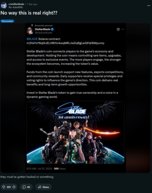 Cuenta hackeada de Stellar Blade X con un post sobre una estafa de criptomonedas (Fuente de la imagen: captura de pantalla, subreddit de Stellar Blade)