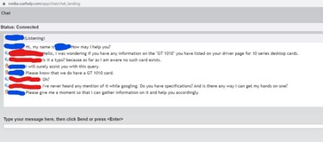 Respuesta del servicio de atención al cliente de NVIDIA a la disponibilidad de GT 1010. (Fuente: Dapz en YouTube)