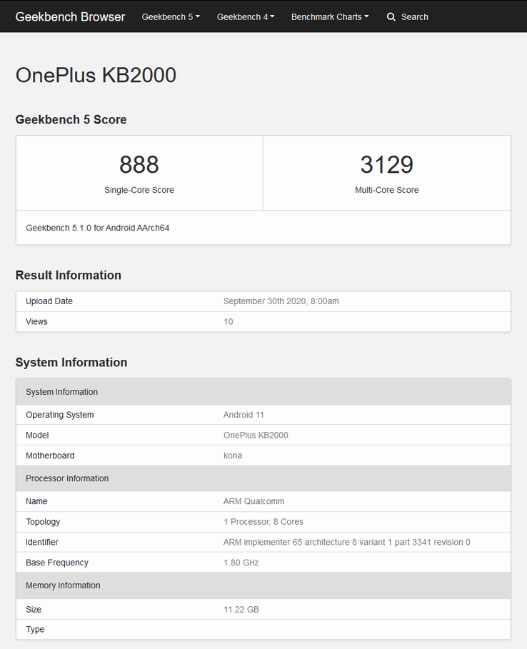 El "12GB OnePlus 8T" en Geekbench 5. (Fuente: Geekbench)