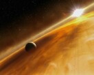 Ilustración de un artista en la que se muestran una estrella y un planeta.