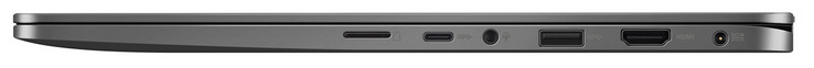 Lado derecho: lector de tarjetas de almacenamiento (MicroSD), USB 3.1 Gen 1 (Tipo C), audio combinado, USB 3.1 Gen 1 (Tipo A), HDMI, puerto de alimentación