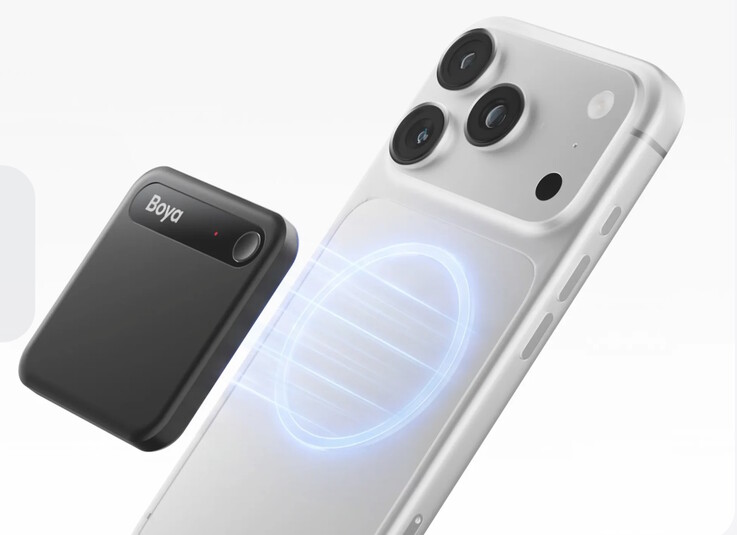 La grabadora de reuniones con IA Boya Notra Neo incluye un soporte magnético compatible con MagSafe.