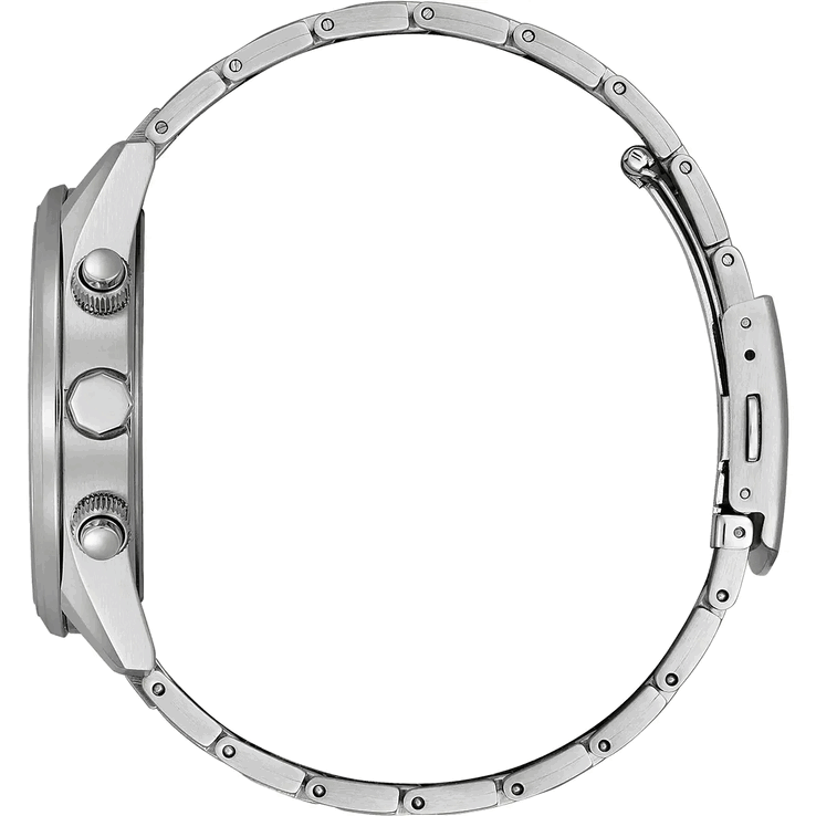 Vista lateral del Citizen World Chronograph A.T. AT8260-85X, en la que se aprecian su caja de acero inoxidable, la corona, los dos pulsadores del cronógrafo y el brazalete.