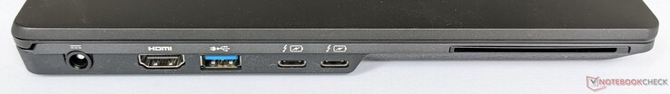 Lado izquierdo: Toma de corriente, salida HDMI, un puerto USB-A 3.2 Gen 1, dos puertos Thunderbolt 4 (con PD y DP 1.2), lector de tarjetas inteligentes