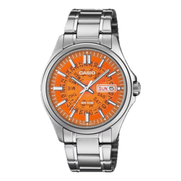 El modelo MTP-E740-4AV de Casio, en color naranja, cuenta con una esfera translúcida inspirada en los relojes Time Sonar de Seiko de la década de 1970.