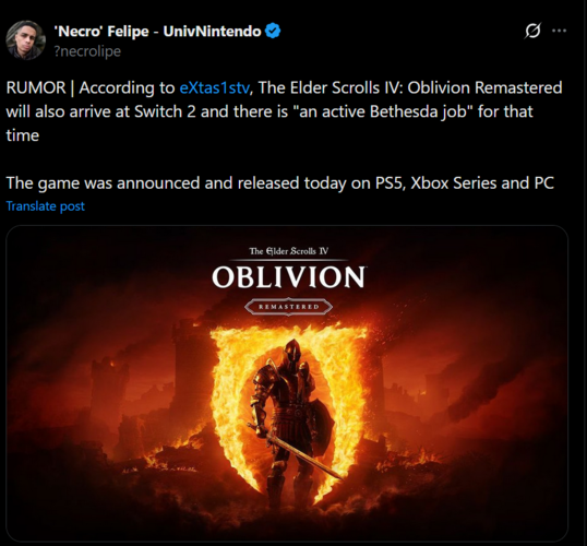 Filtración de The Elder Scrolls IV: Oblivion Remastered Switch 2 de eXtas1stv (Fuente de la imagen: captura de pantalla, cuenta #UnivNintendo X de @NecroFelipe)