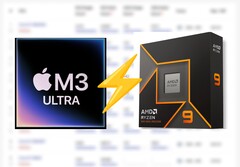 Apple&#039;s M3 Ultra aparece en Cinebench 2024, aventaja a la CPU Ryzen 9 9950X en alrededor de un 25%. (Fuente de la imagen: Apple, AMD, editado)