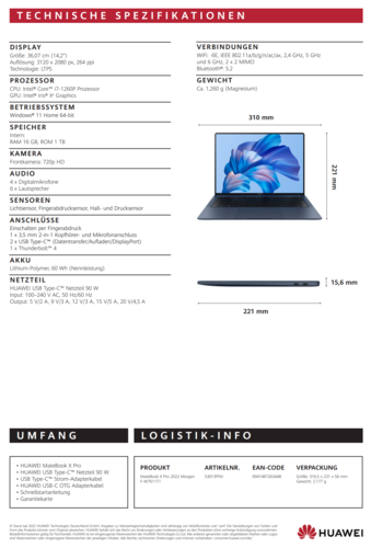 Huawei MateBook X Pro - Especificaciones. (Fuente de la imagen: Huawei)