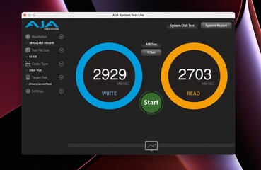 macBook Pro de 512 GB con M2 Pro en la prueba de disco del sistema AJA. (Fuente de la imagen: @ZONEofTECH en Twitter)