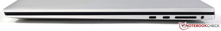 Derecha: 2x Thunderbolt 4 (USB-C 4.0 con 40 GB/s, Power Delivery, DisplayPort), lector de tarjetas SDXC, estéreo de 3,5 mm