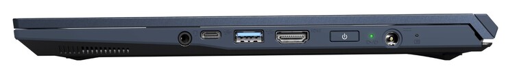 lado derecho: Jack de 3.5 mm, USB-C 3.2 Gen2, USB-A 3.2 Gen1, HDMI 2.0, botón de encendido, entrada de energía
