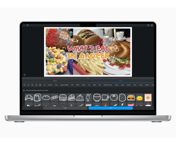 MacBook mostrando la aplicación VLLO con pegatinas sugeridas por la IA para un vlog de comida. (Fuente de la imagen: Apple Newsroom)