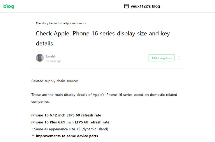 La última entrada del blog "iPhone 16-series display specs" (traducida). (Fuente: Naver)