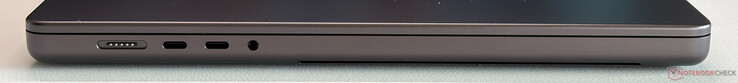 Izquierda: MagSafe, 2x USB-C 4.0 con Thunderbolt 5 (120 Gbps, DisplayPort 2.1, Power Delivery), audio de 3,5 mm