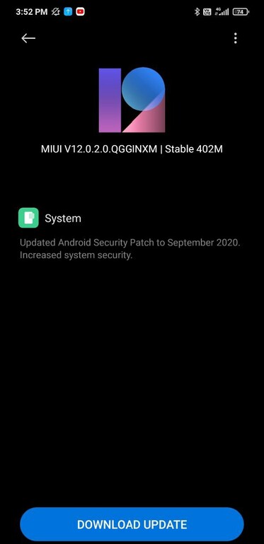 Actualización de septiembre de 2020 para el Redmi Note 8 Pro.