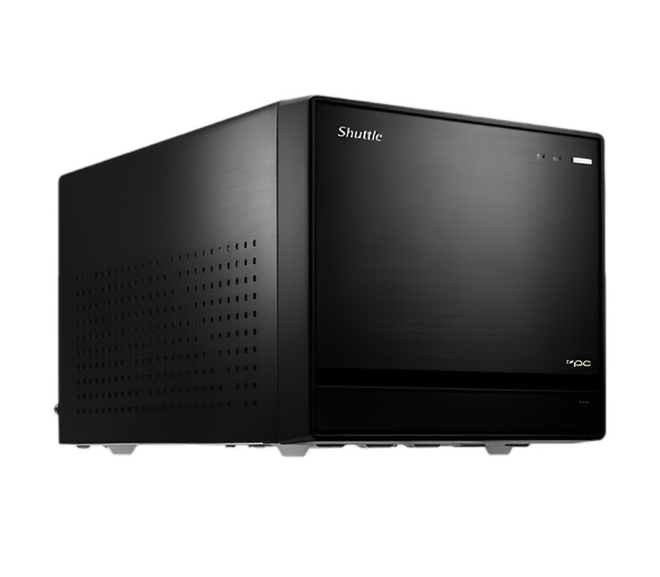 Esta imagen muestra otra vista frontal del PC SFF Shuttle XPC Cube que parece una caja rectangular negra 
