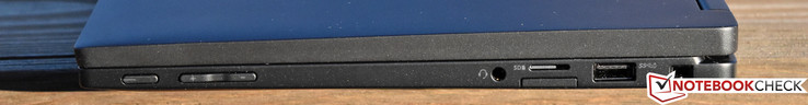 derecha: encendido, volumen, audio combinado 3.5 mm, microSD, tarjeta SIM, USB 3.0 alimentado, Kensington Lock