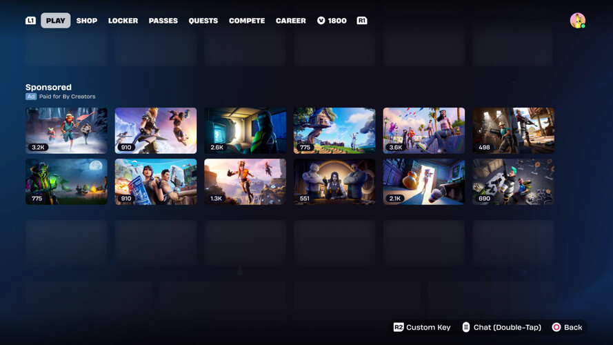 Una captura de pantalla de una sección patrocinada propuesta en el menú Descubrir de Fortnite. (Fuente de la imagen: Epic Games)