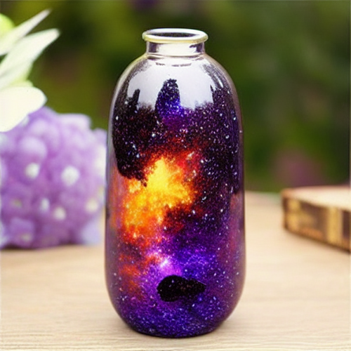 Un ejemplo de imagen de salida de una botella generada por IA con una galaxia en su interior guardada sobre una mesa de madera lisa. (Fuente de la imagen: AI Generated)