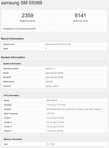 Listado de Geekbench del Exynos 2500 con el prototipo Galaxy S25+ (fuente de la imagen: Geekbench)