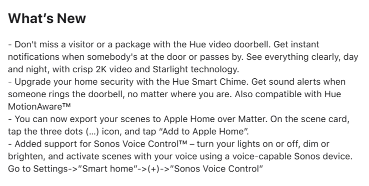 Las notas de la versión 5.52.0 de la aplicación Philips Hue. (Fuente de la imagen: Philips Hue)