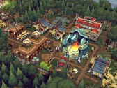 Una imagen que muestra edificios del juego «Against the Storm», que actualmente tiene un descuento del 70 % en Steam.