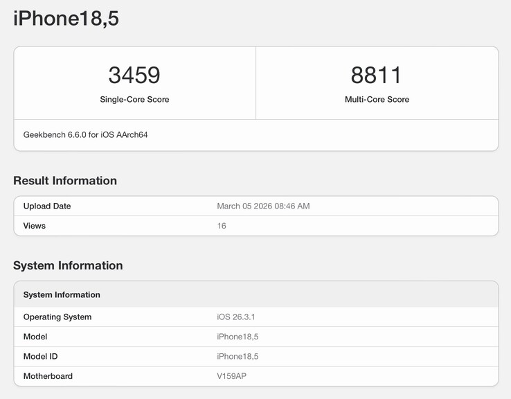 El listado de Geekbench filtrado para el iPhone 17e.