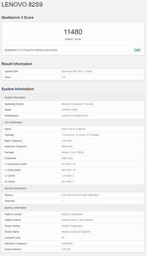 Intel Alder Lake-P Core i9-12900HK Geekbench OpenCL. (Fuente: Geekbench)