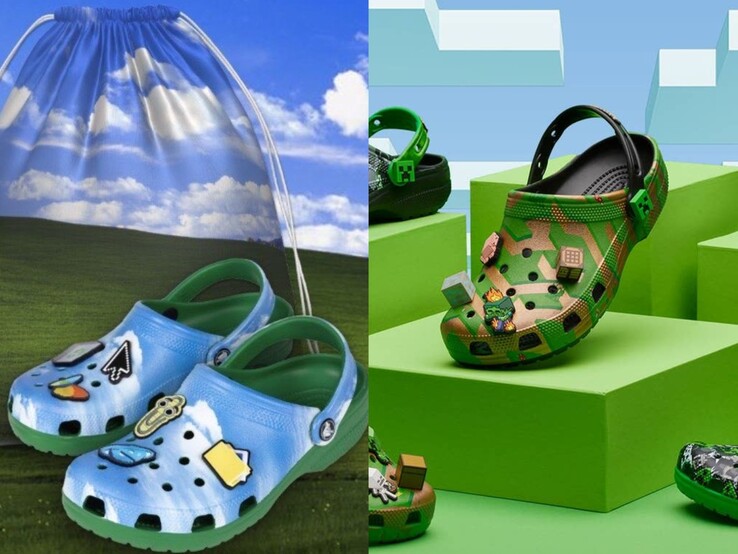Crocs con temática de Windows xp con bolsa de cordón bliss junto a crocs edición Minecraft (Fuente de la imagen: Microsoft)