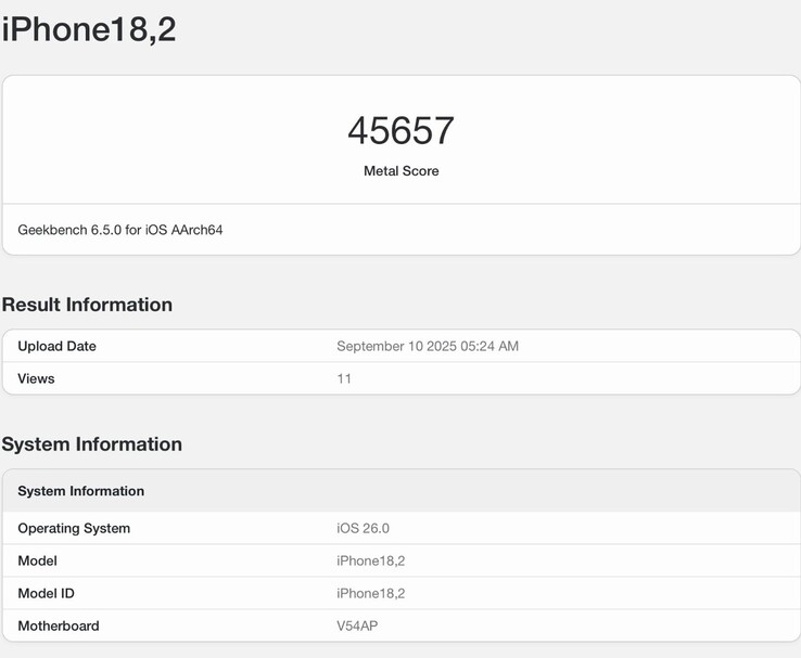 Captura de pantalla de Geekbench 6 que muestra Apple iPhone 17 Pro con A19 Pro el benchmark de GPU de metal (Fuente de la imagen: @jimmyjames_tech en Twitter)
