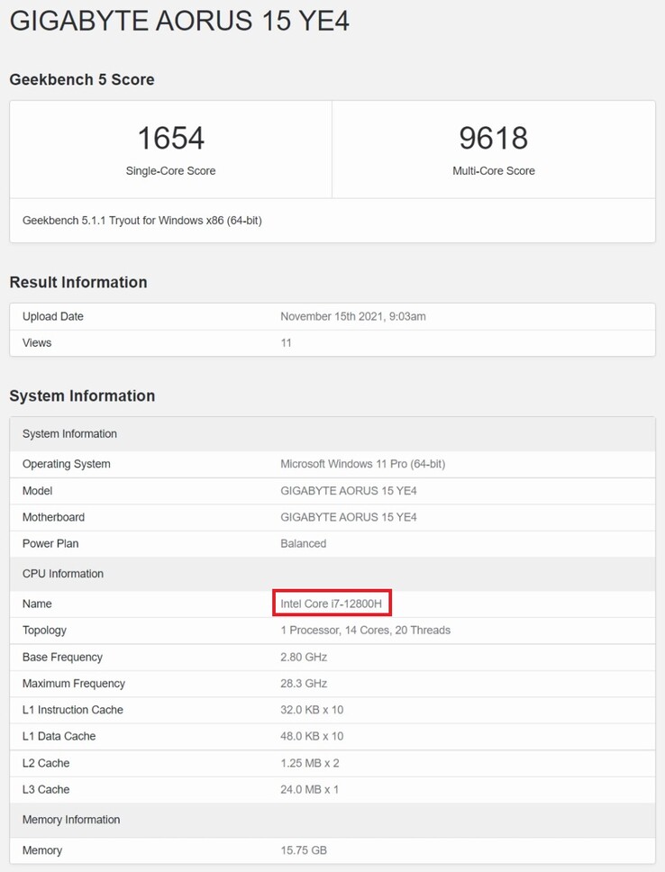 Intel Core i7-12800H. (Fuente de la imagen: Geekbench)