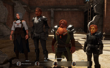 Una imagen en la que aparecen cuatro personajes de Solasta: Crown of the Magister.