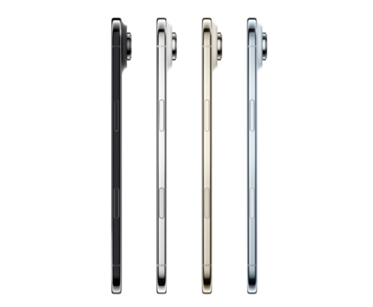Vista de perfil lateral de cuatro modelos de iPhone Air Apple en acabados negro, blanco, dorado y azul (Fuente de la imagen: Apple)