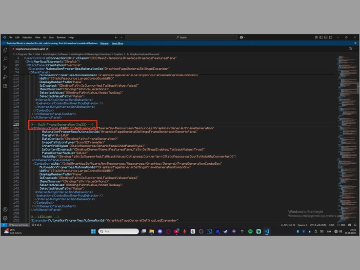 Archivo de la unidad Intel Arc que muestra el código de generación de fotogramas múltiples. (Fuente de la imagen: Organic-Bird-587 en X)
