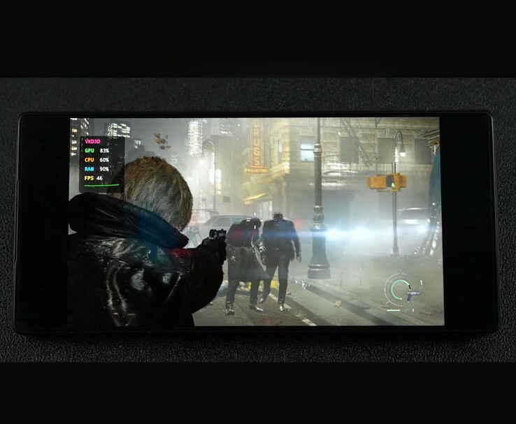 Resident Evil Requiem ejecutándose en Android mediante emulación de PC mostrando un rendimiento de juego en exteriores en torno a los 45 FPS.