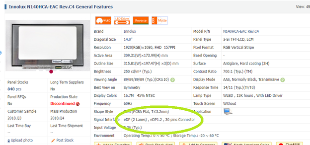 Al mirar la parte trasera del panel de nuestro portátil, obtenemos su nombre exacto: N140HCA-EAC Rev. C4. Tiene una entrada eDP 1.2 de 30 patillas y 2 canales según Panelook (Fuente de la imagen: Captura de pantalla)