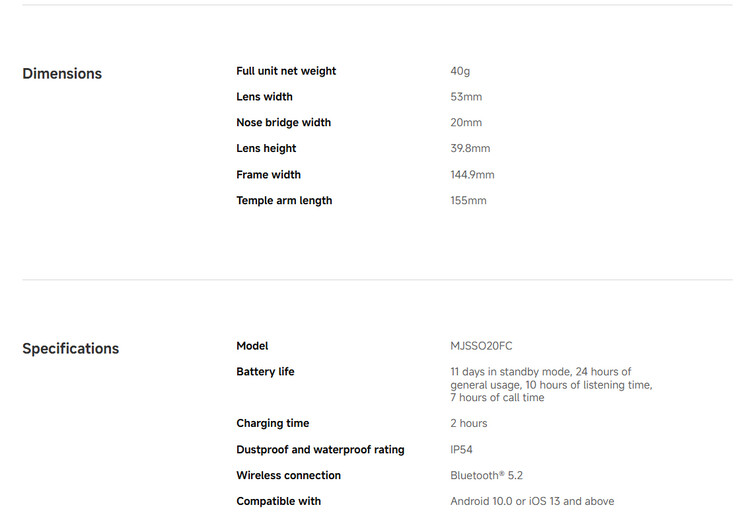 Especificaciones completas de las Smart Audio Glasses (Fuente de la imagen: Xiaomi)